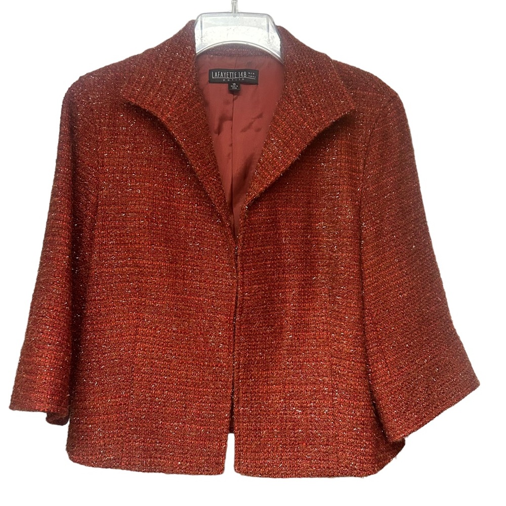Lafayette 148 Burnt Orange Metallic Wool Tweed Blazer Cropped Jacket